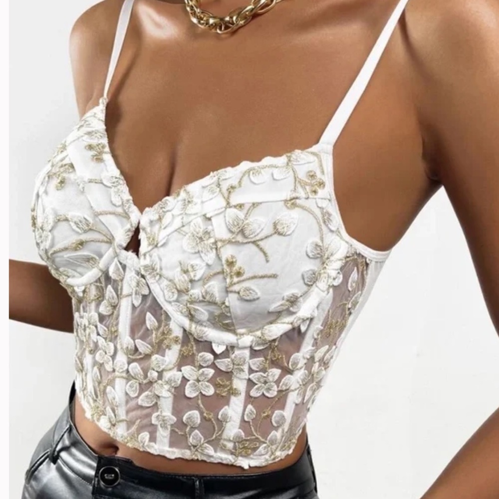 Boho white romantic embroidered floral lace corset crop top